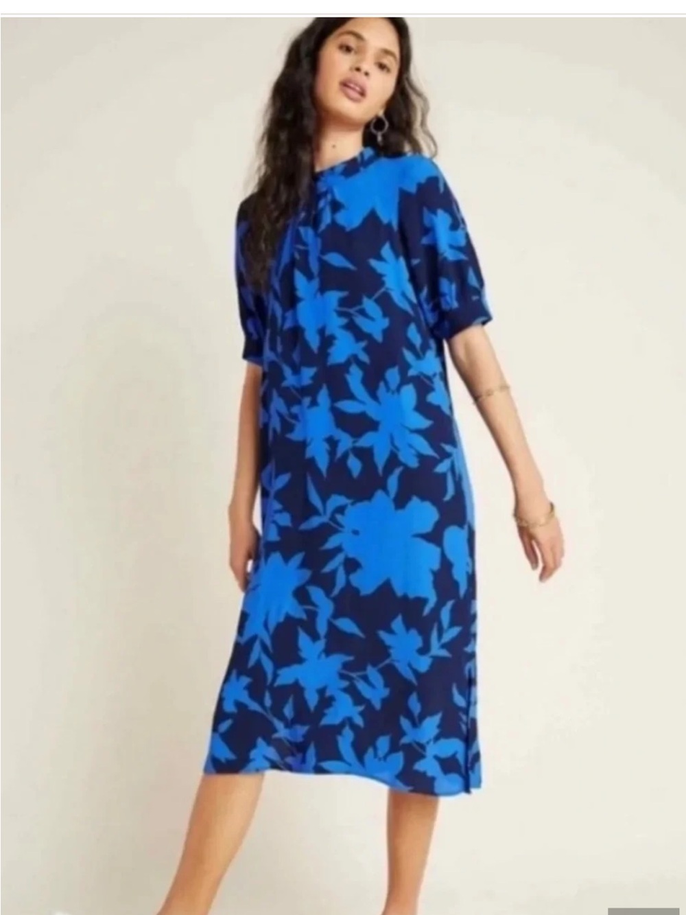 Anthropologie Navy and Bright Blue Floral Midi Dress